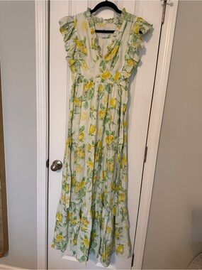 Lemon Print Ruffle Maxi Dress - Green & Yellow